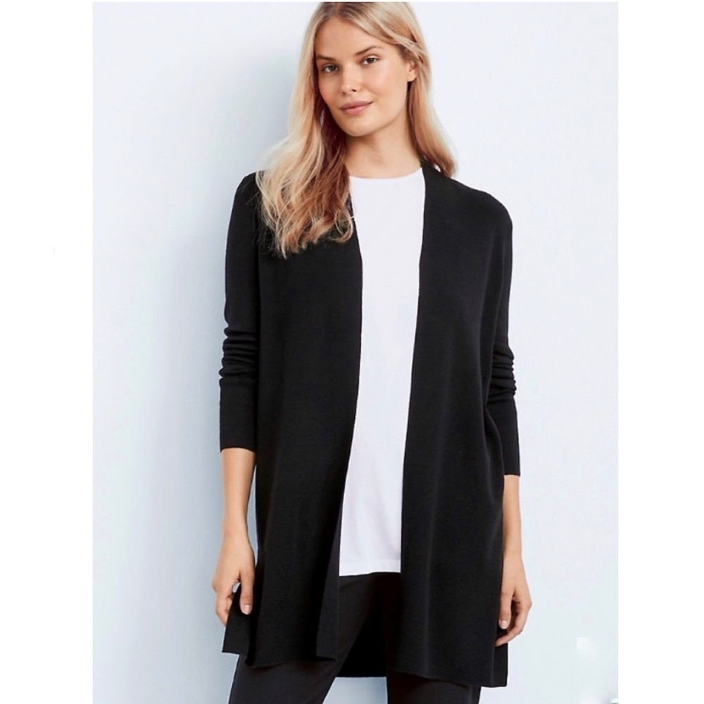 Eileen Fisher Italian Yarn 100% Wool Long Open Cardigan Knit Sweater Black Small